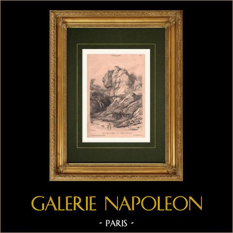 Rocce nei Vosgi (Francia) | Litografia originale disegnata da Coignet, litografata da Benard. 1833