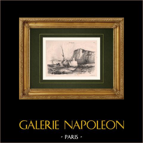 Veduta di Etretat - Una barca in riparazione - Normandia (Francia) | Litografia originale disegnata da Coignet. 1833