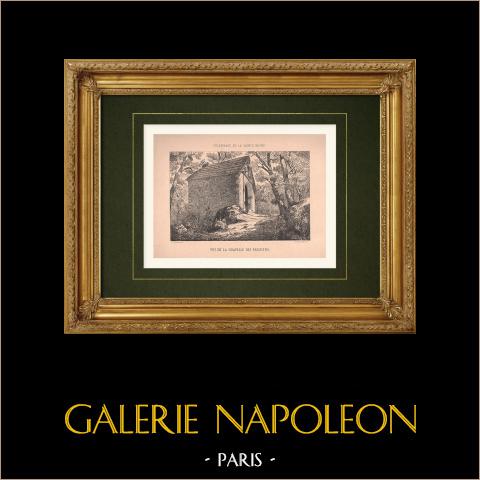 Veduta della Cappella dei Parigini - Plan-d'Aups-Sainte-Baume - Var (Francia) | Incisione xilografica originale disegnata da Grinda. 1880