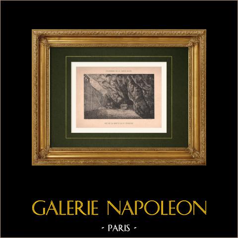 Grotta di Sainte-Baume - Plan-d'Aups-Sainte-Baume - Var (Francia) | Incisione xilografica originale disegnata da Grinda. 1880