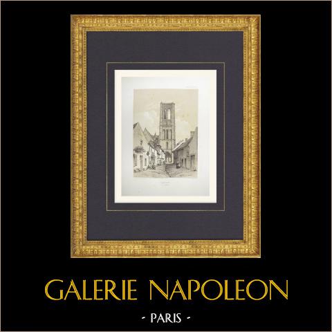 Ansicht von Larchant - Basilika - Turm St. Mathurin - Seine-et-Marne (Frankreich) | Original lithografie gezeichnet und lithographiert von Fichot. 1858