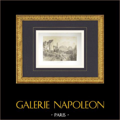 Ansicht von Château-Landon - Stadtmauern - Seine-et-Marne (Frankreich) | Original lithografie gezeichnet von Fichot, lithographiert von Ciceri. 1858