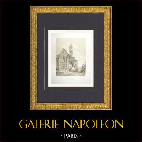 Ansicht von Château-Landon - Kirche - Seine-et-Marne (Frankreich) | Original lithografie gezeichnet und lithographiert von Fichot. 1858