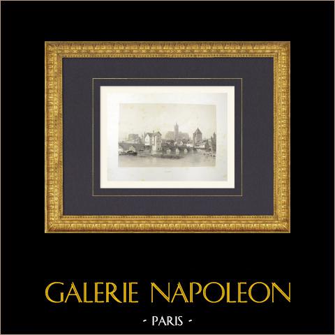 Veduta di Moret-sur-Loing - Loing - Senna e Marna (Francia) | Litografia originale disegnata da Fichot, litografata da Ciceri & Benoist. 1858
