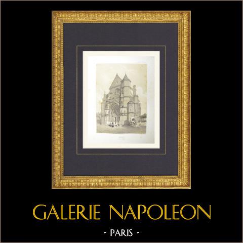 Ansicht von Moret-sur-Loing - Portal der Kirche - Seine-et-Marne (Frankreich) | Original lithografie gezeichnet von Fichot, lithographiert von Benoist. 1858