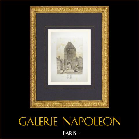 Ansicht von Moret-sur-Loing - Porte du Pont - Seine-et-Marne (Frankreich) | Original lithografie gezeichnet und lithographiert von Fichot. 1858