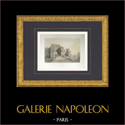 Befestigungen von Provins - Ruinen des Saint-Jean-Tors - Seine-et-Marne (Frankreich) | Original lithografie gezeichnet und lithographiert von Fichot. 1858