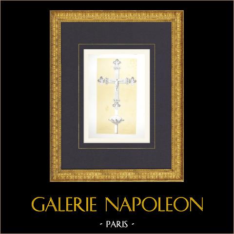 Silbernes Prozessionskreuz aus dem 13. Jahrhundert - Hermé - Seine-et-Marne (Frankreich) | Original lithografie gezeichnet von Fi, lithographiert von Fichot & Regamey. 1858