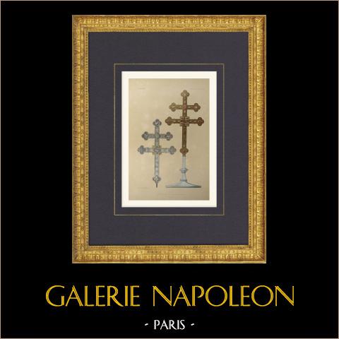 Silbernes Altarkreuz - Kirche Saint-Authaire in Ussy - Seine-et-Marne (Frankreich) | Original lithografie gezeichnet von Fichot, lithographiert von Regamey. 1858