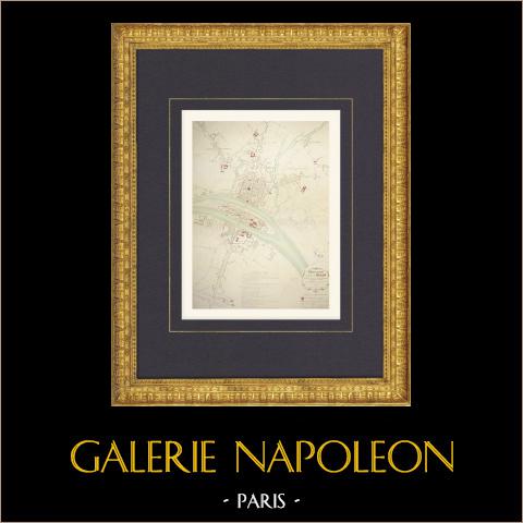 Mappa generale della città di Melun 1856 - Senna e Marna (Francia) | Cromolitografia originale disegnata da Lemaire, litografata da Regamey secondo Aufauvre & Fichot. Piegatura centrale d'epoca. 1858