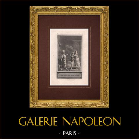 Timandre et Bleuette | Incisione originale all'acquaforte su carta vergata disegnata da Marillier, incisa da Delvaux. 1785