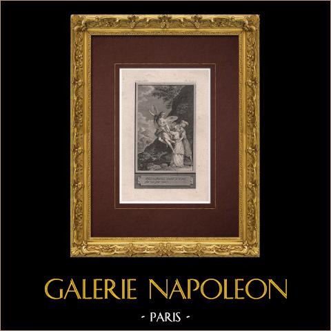 Eritzine et Parelin | Incisione originale all'acquaforte su carta vergata incisa da Delvaux. Marillier direxit. 1785