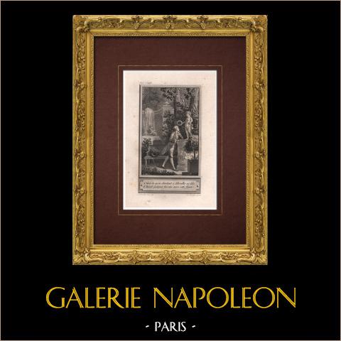 Mogano e Zirphile | Incisione originale all'acquaforte su carta vergata incisa da Langlois Jeune. Marillier direxit. 1785