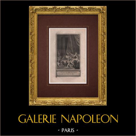 Il cieco e il suo cane | Incisione originale all'acquaforte su carta vergata disegnata da Marillier, incisa da Fessard. 1785