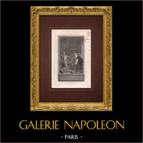 Le avventure di Simoustapha - Il velo rimosso | Incisione originale all'acquaforte su carta vergata disegnata da Marillier, incisa da Delvaux. 1785