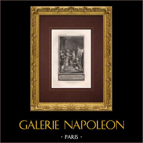 Le mille e un quarto d'ora - Abubeker | Incisione originale all'acquaforte su carta vergata disegnata da Marillier, incisa da Langlois Jeune. 1785