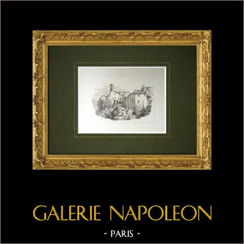 Ansicht von Nemisee - Rom - See - Wälder - Befestigungsanlagen (Italien) | Original lithografie gezeichnet von Villeneuve, lithographiert von Turgis. 1835