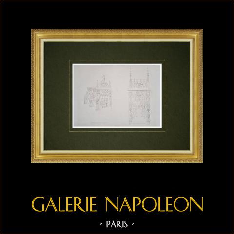 Sculture dagli Stalli della Cattedrale di Santa Maria di Auch - Gers (Francia) | Litografia originale. Anonima. 1857