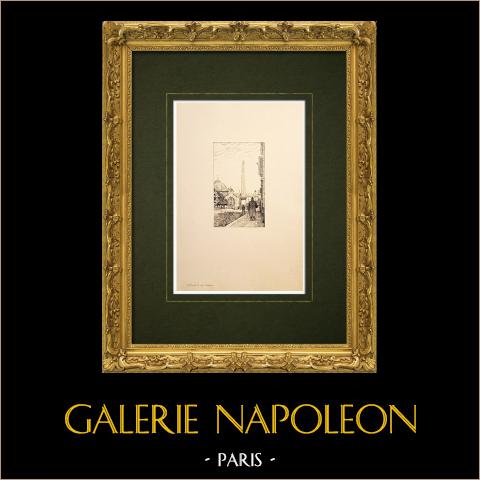 Chalon-sur-Saône - Saône-et-Loire - Obelisco (Francia) | Incisione originale all'acquaforte su carta vergata disegnata da Louis Coin. 1895