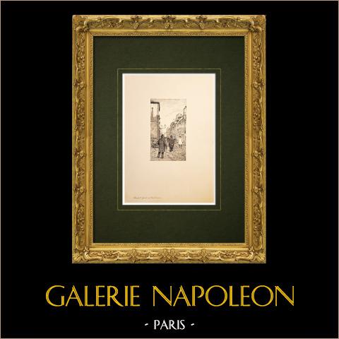 Chalon-sur-Saône - Saône-et-Loire - Grand rue Saint Laurent (Francia) | Incisione originale all'acquaforte su carta vergata disegnata da Louis Coin. 1895