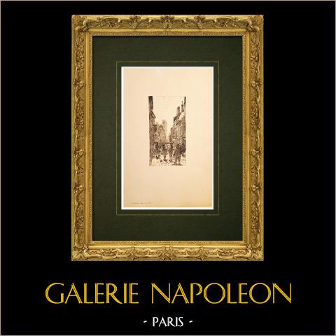 Chalon-sur-Saône - Saône-et-Loire - Rue aux Fèvres (Francia) | Incisione originale all'acquaforte su carta vergata disegnata da Louis Coin. 1895