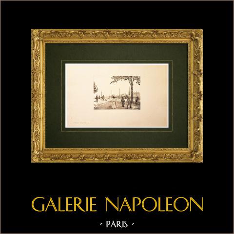 Chalon-sur-Saône - Saône-et-Loire - Ponte Saint-Laurent - Saône (Francia) | Incisione originale all'acquaforte su carta vergata disegnata da Louis Coin. 1895