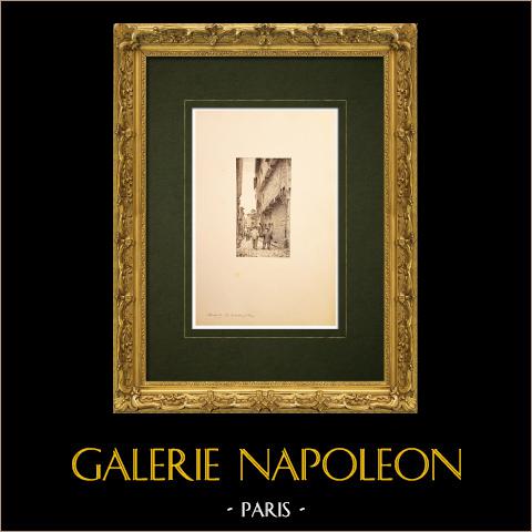 Chalon-sur-Saône - Saône-et-Loire - Rue des cochons de lait (Francia) | Incisione originale all'acquaforte su carta vergata disegnata da Louis Coin. 1895