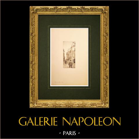 Chalon-sur-Saône - Saône-et-Loire - Rue du Pont (Francia) | Incisione originale all'acquaforte su carta vergata disegnata da Louis Coin. 1895
