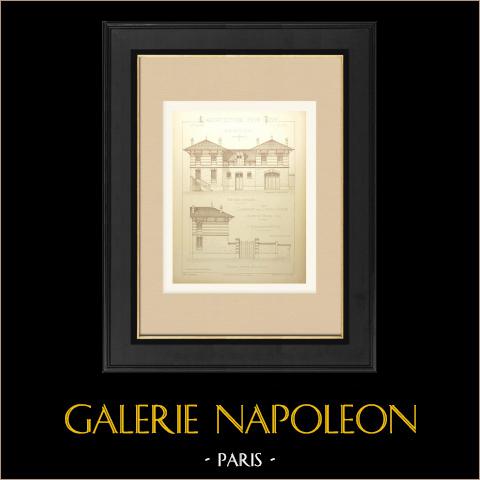 Casa con stalla e capannone a Nogent-sur-Marne (Villevielle, architetto) | Stampa originale disegnata da Villevielle. Retro stampato. 1890