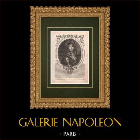 Porträt von Ludwig XIV., bekannt als Louis le Grand oder Roi Soleil (1638–1715) | Original kupferstich auf geripptes papier gestochen von Nicolas de Larmessin. 1690