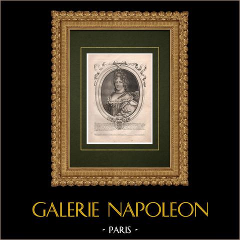 Porträt von Elisabeth Charlotte von der Pfalz, Gräfin von Simmern (1652–1722) | Original kupferstich auf geripptes papier gestochen von Nicolas de Larmessin. 1689