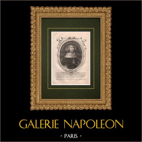 Porträt von Maria Anna von Österreich, Königinregentin von Spanien (1634–1696)  | Original kupferstich auf geripptes papier gestochen von Nicolas de Larmessin. 1689