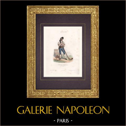 Costume da lattaio del distretto di Oberhasli (Svizzera) | Stampa calcografica originale a bulino incisa da L'Allemand. Acquerellata a mano. 1850