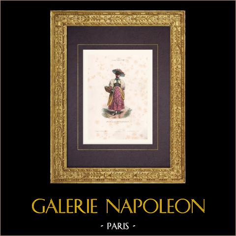 Costume di una Giovane ragazza di Unterwald (Svizzera) | Stampa calcografica originale a bulino incisa da Geoffroy. Acquerellata a mano. Macchie di foxing. 1850