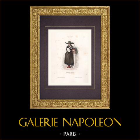 Costume da Donna di Merano (Italia) | Stampa calcografica originale a bulino disegnata da Sharles, incisa da Preval. Acquerellata a mano. 1850