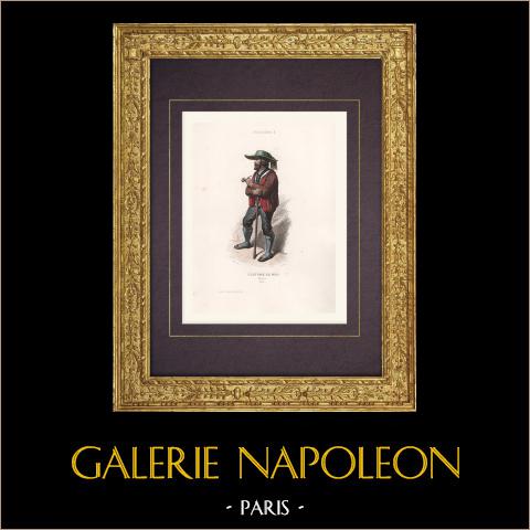 Costume do Uomo di Merano (Italia)  | Stampa calcografica originale a bulino disegnata da Sharles, incisa da Nargeot. Acquerellata a mano. 1850