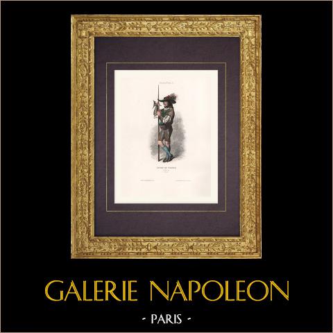 Costume da Guardia di Merano (Italia)  | Stampa calcografica originale a bulino disegnata da Sharles, incisa da Pauquet. Acquerellata a mano. 1850