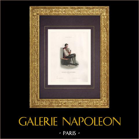 Costume di Contadino dell'Oberland Bernese - Canton Berna (Svizzera) | Stampa calcografica originale a bulino. Anonima. Acquerellata a mano. 1850