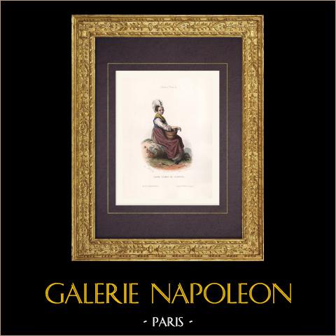 Costume di una giovane Donna di Svitto (Svizzera) | Stampa calcografica originale a bulino disegnata da Girardet, incisa da Portier. Acquerellata a mano. 1850