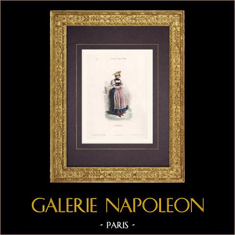 Costume di una Donna di Berna (Svizzera) | Stampa calcografica originale a bulino disegnata da Belin, incisa da Portier. Acquerellata a mano. 1850