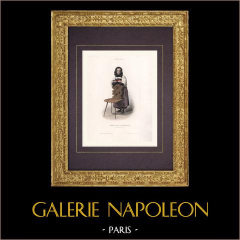 Costume da Ragazza di Unterseen - Canton Berna (Svizzera) | Stampa calcografica originale a bulino disegnata da Girardet. Acquerellata a mano. 1850