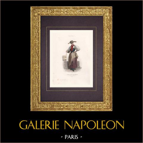 Costume da Ragazza di Brienz - Canton Berna (Svizzera) | Stampa calcografica originale a bulino disegnata da Girardet, incisa da Rebel. Acquerellata a mano. 1850