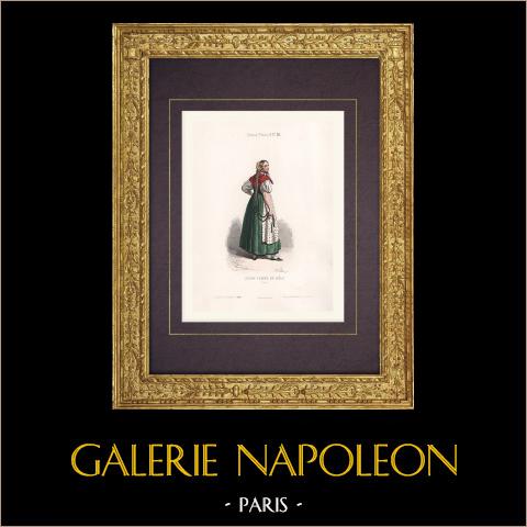 Costume di Donna di Basilea (Svizzera) | Stampa calcografica originale a bulino disegnata da Belin, incisa da Portier. Acquerellata a mano. 1850