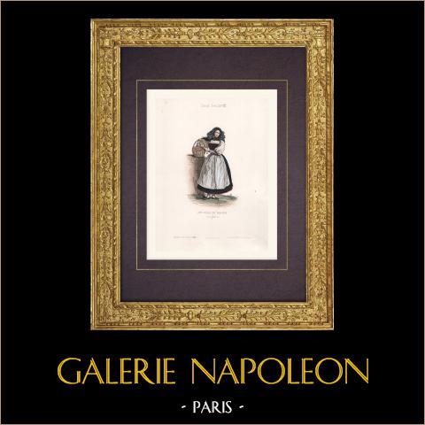 Costume da Ragazza di Brienz - Canton Berna (Svizzera) | Stampa calcografica originale a bulino disegnata da Leleux, incisa da Ferdinand. Acquerellata a mano. 1850