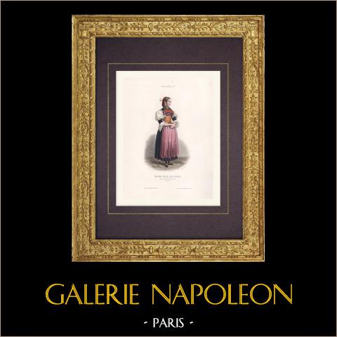 Costume di una giovane Ragazza di Stans (Svizzera) | Stampa calcografica originale a bulino disegnata da Girardet, incisa da Gervais. Acquerellata a mano. 1850