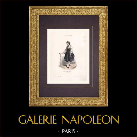 Costume da Donna di Neuchâtel - Lago (Svizzera) | Stampa calcografica originale a bulino disegnata da Belin, incisa da Portier. Acquerellata a mano. 1850