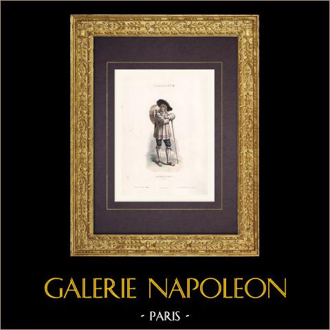 Costume da un Contadino del Canton Uri (Svizzera) | Stampa calcografica originale a bulino disegnata da Belin, incisa da Portier. Acquerellata a mano. 1850