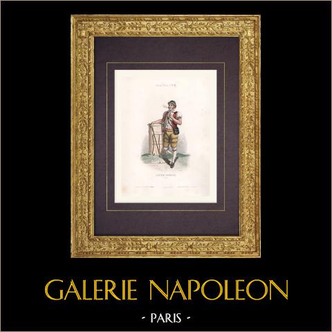 Lattaio di Berna (Svizzera) | Stampa calcografica originale a bulino disegnata da Belin, incisa da Portier. Acquerellata a mano. 1850