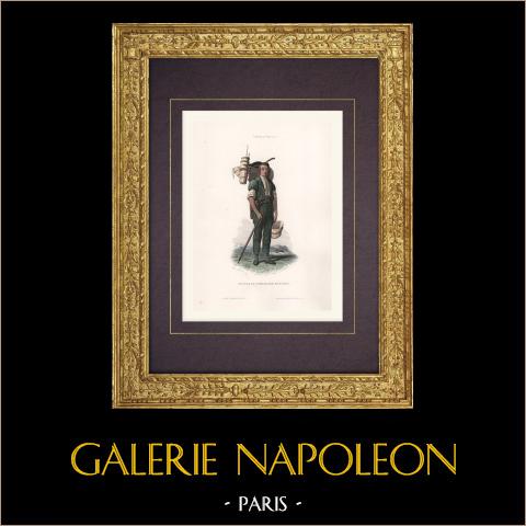 Allevatore di bovini dell'Oberland Bernese - Canton Berna (Svizzera) | Stampa calcografica originale a bulino disegnata da Girardet, incisa da Portier. Acquerellata a mano. 1850