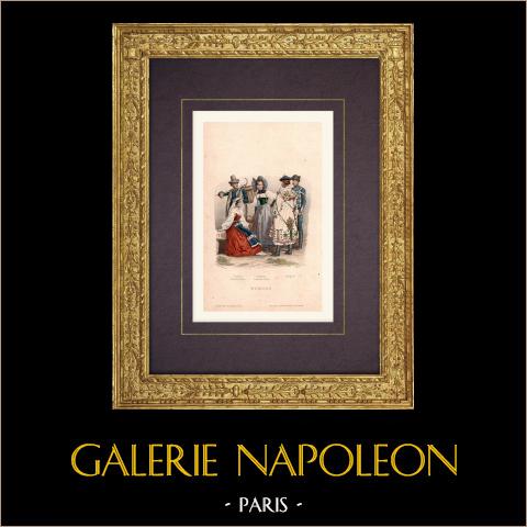 Costumi dall'Europa - Italia - Svizzera - Ungheria | Stampa calcografica originale a bulino disegnata da Philippoteaux, incisa da Pierre. Acquerellata a mano. 1850